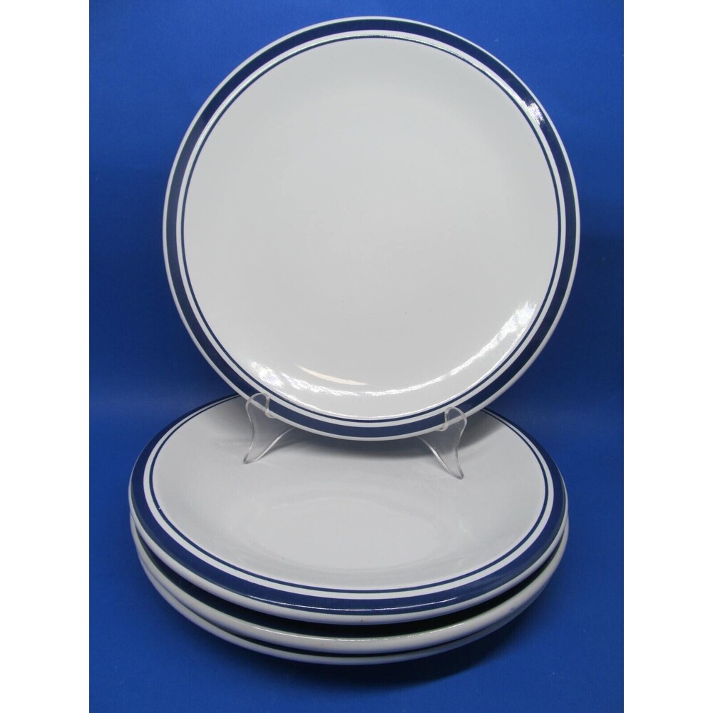 Culinary Arts Cafeware Set Of 4 Blue Bands On White 10" Dinner Plates GC READ